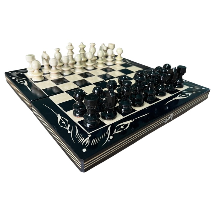 Sah si table din lemn lucrat manual, 32x32 cm, negru cu alb