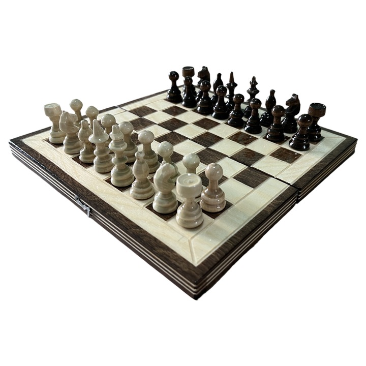 Sah si table din lemn lucrat manual, 26x26 cm, maro cu alb