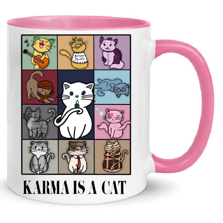 Taylor Swift "Karma is a Cat" Cana Amuzanta Premium din Ceramica 330ml Nr.16 – Alb Violet, Finisaj Lucios, Lavabila in Masina de Spalat Vase, Imprimare prin Sublimatie de Inalta Calitate, Cadou Umoristic pentru Swiftie