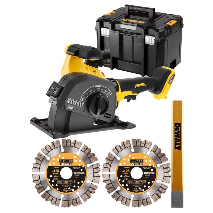 Masina de canelat cu acumulator 125mm 54V DeWALT, 2 discuri diamantate, adancime 32mm, latime 35mm, set cu valiza TSTAK VI