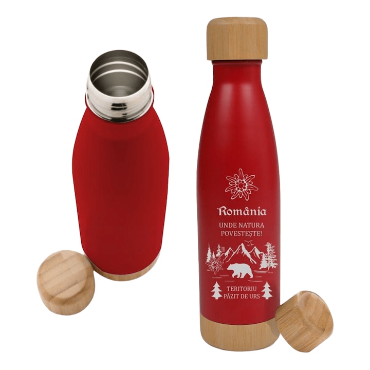 Termos Personalizat 500 ml „Romania – Unde natura povesteste”, inox cu bambus, perete dublu, gravura laser, rosu