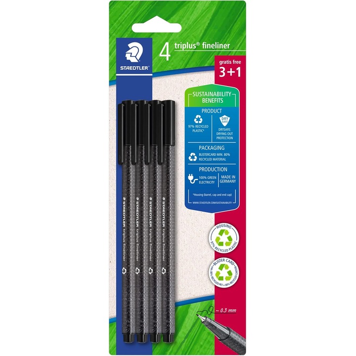 Set 4 Finelinere STAEDTLER Triplus, Negru, 0.3mm, Plastic Reciclat