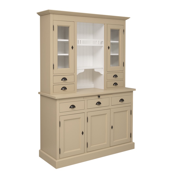 Bufet Szel-Mob cu 3 usi, 3 sertare, 2 usi sticla, 4 sertare, lemn masiv alb, 138x197x50cm