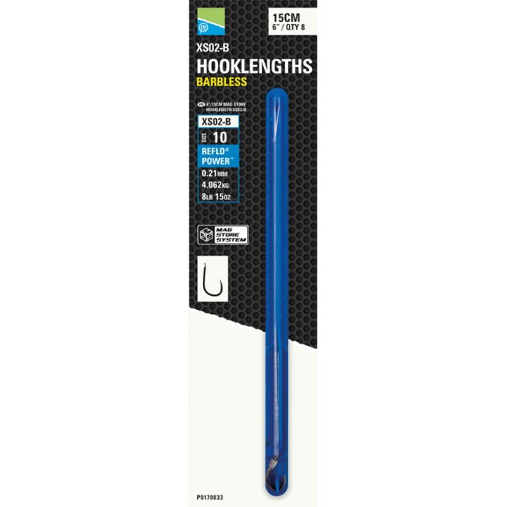 Set 8 carlige Preston XS02-B fara carlig, 15cm, 0.19mm, marimea 14