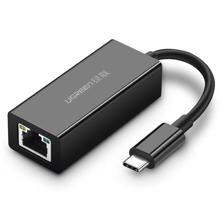 Adaptor USB-C la Ethernet RJ45 Gigabit, Ugreen, 1000Mbps, negru, 61x26x17mm