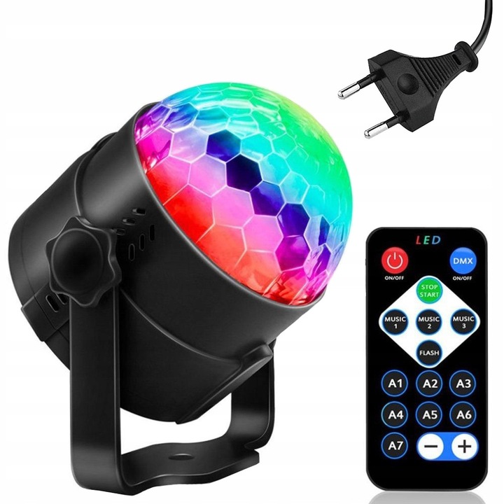Proiector disco LED RGB cu telecomanda, Ayawaska, 3 LED-uri, 7 programe de iluminare, 10cm x 8.5cm