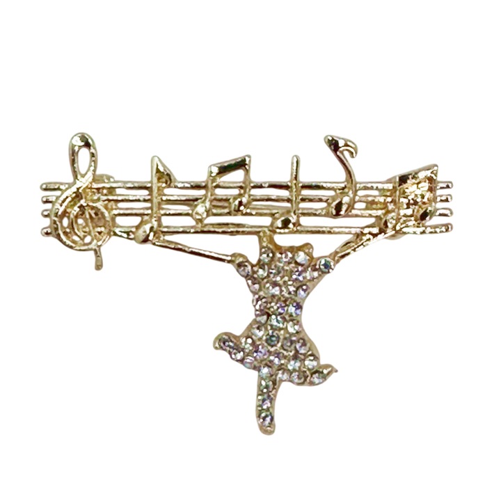 Brosă Pisică pe Portativ cu Note Muzicale, Auriu, 4.5x3cm