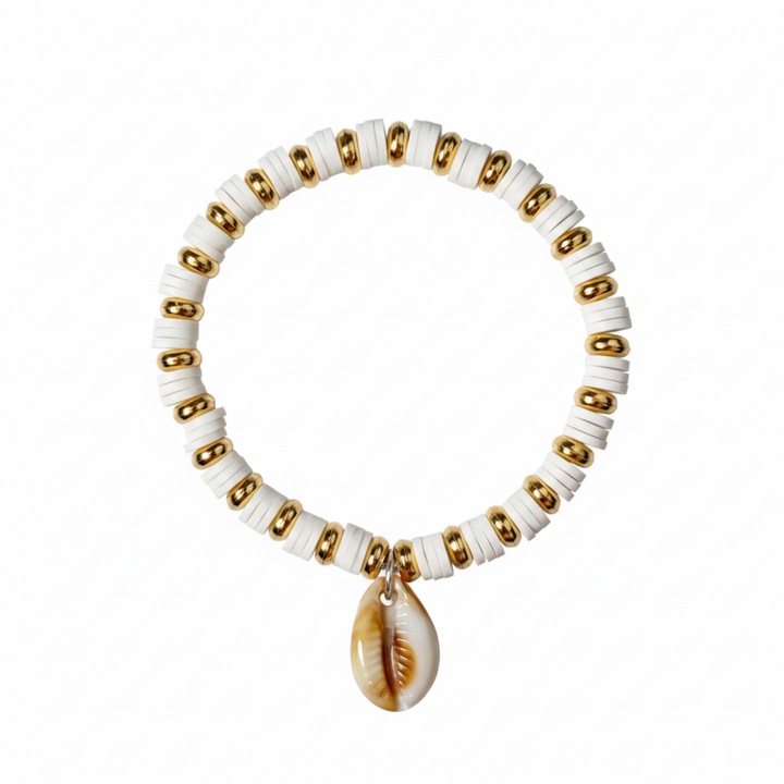 Brățară LuckyLu, scoică albă, mărgele heishi din argilă polimerică 6 mm, alb-auriu, 19 cm