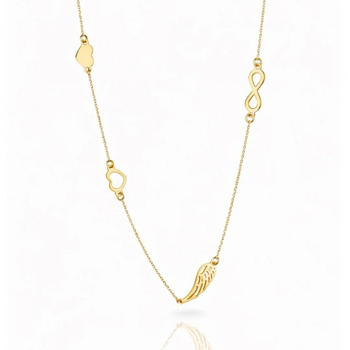 Colier delicat Ecarla cu semnul infinitului, inimioare și aripă, otel chirurgical placat cu aur 14K, lungime 78, 5 cm