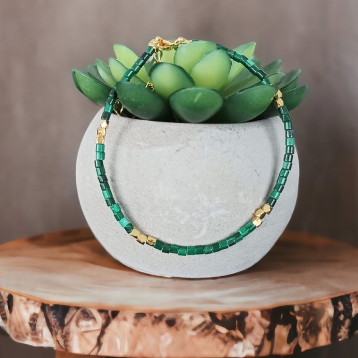 Bratara femei Ezera din cristale naturale de Malachit, verde, alama