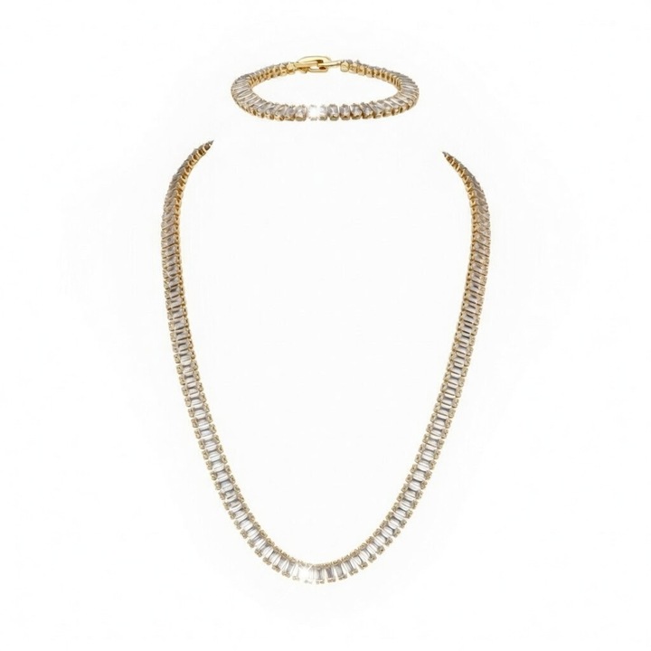 Set Lant și Bratara, Minimalist-Modern, Zirconiu Cubic Sintetic, Placate cu Aur Galben de 18k, Alb, 38.5 cm + 8 cm extensie, 17.5 cm