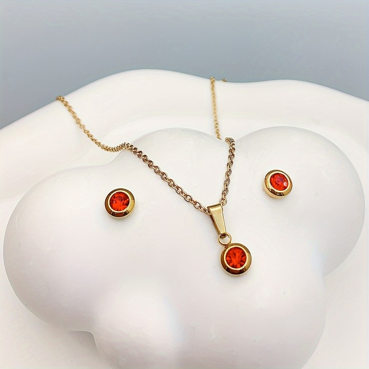 Set Lantisor + Cercei, Zirconiu Cubic Sintetic, Inox, Placate cu Aur Galben 18k, Rosu, 45cm