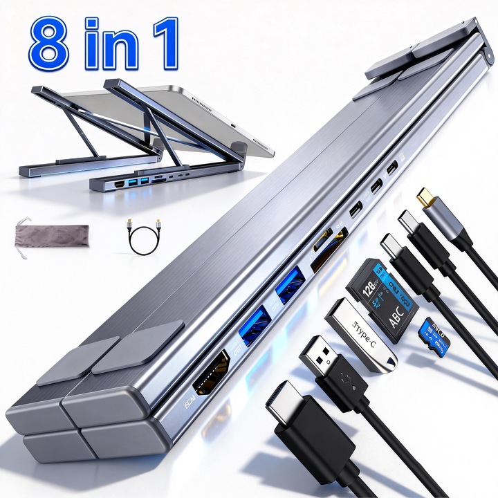 Стойка за лаптоп хъб USB C 8 в 1, Tressino, 2 порта USB 3.0, PD 100W, USB-C Female, TF1, SD, с HDMI 4K, регулируема височина 9 позиции, сгъваема, от алуминий, преносима, за MacBook Pro/Air/Dell/HP/Lenovo, Plug and Play, сива