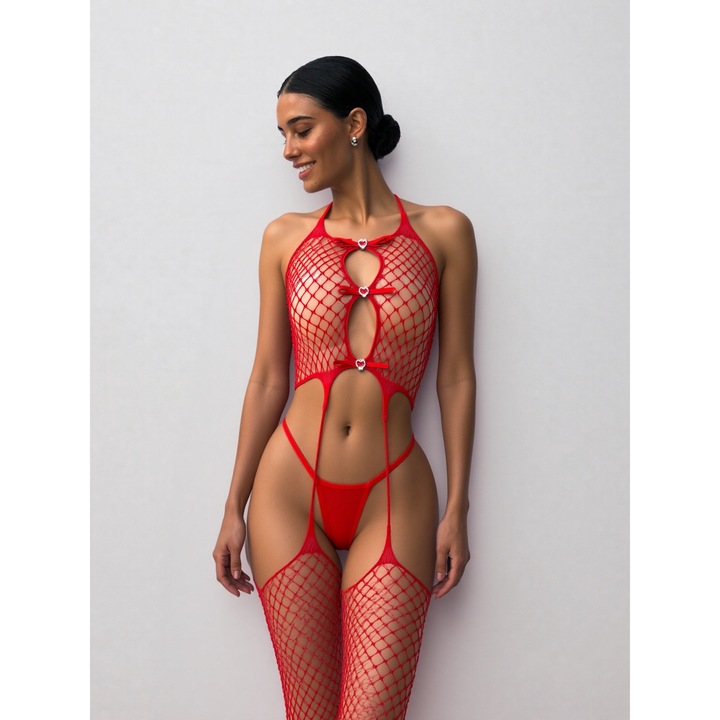 Costum Catsuit Erotic din Plasa Elastica - Jartiere si Decupaje Sexy – Rosu, Marime Universala