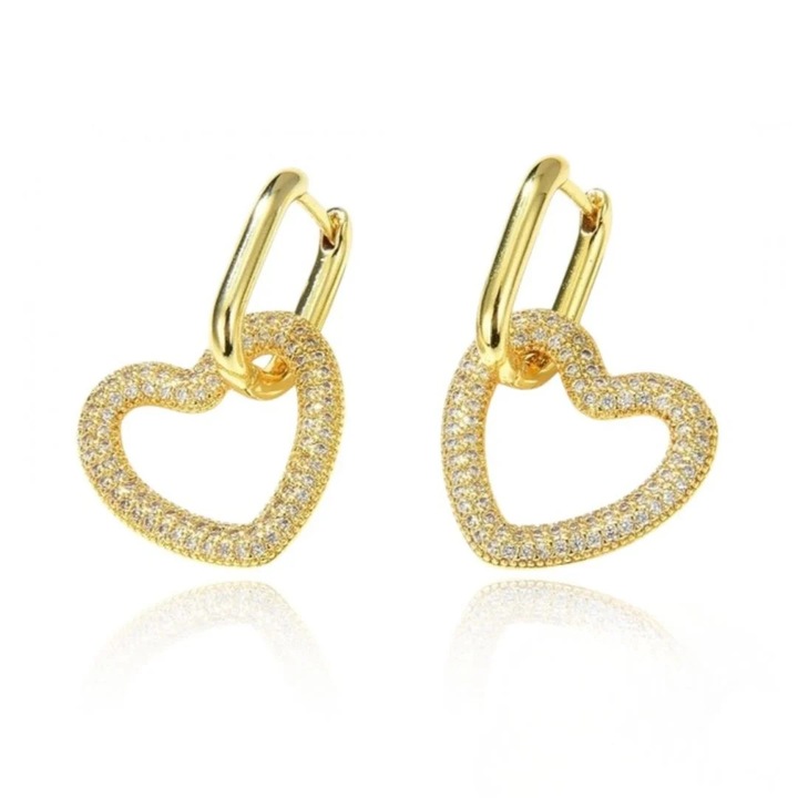 Cercei cu model inima cu zirconiu fatetat, din otel inoxidabil, placat cu aur 14K, cu stift, Ecarla, KST3318