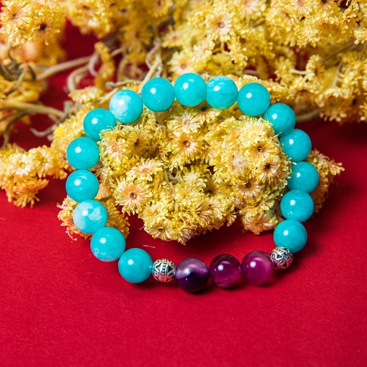 Brățară cristale Anaya, pietre semiprețioase Amazonit și Agată Mov, 8 mm, multicolor