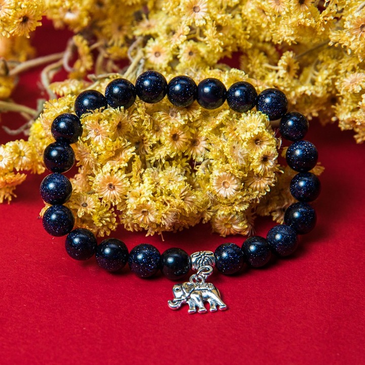 Bratara Ezera "Samara" cu pietre semipretioase sintetice Sand Stone Albastru, Charm Elefant, margele 8 mm