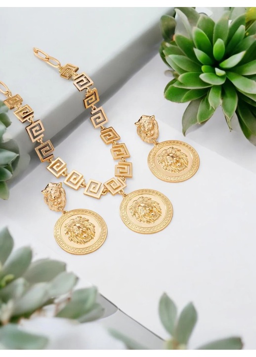 Set Lant + Cercei Elegant Leu, Aliaj de Zinc, Placate cu Aur Galben 18k, 49 cm + 3.5x6 cm