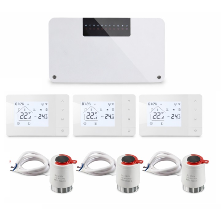 Sistem automatizare 3 zone incalzire in pardoseala OCVITEH OVT-BK03-506W wireless centru comanda incalzire pardoseala, 3 termostate inteligente WIFI control prin Internet OVT506W-WIFI, 4 actuatoare
