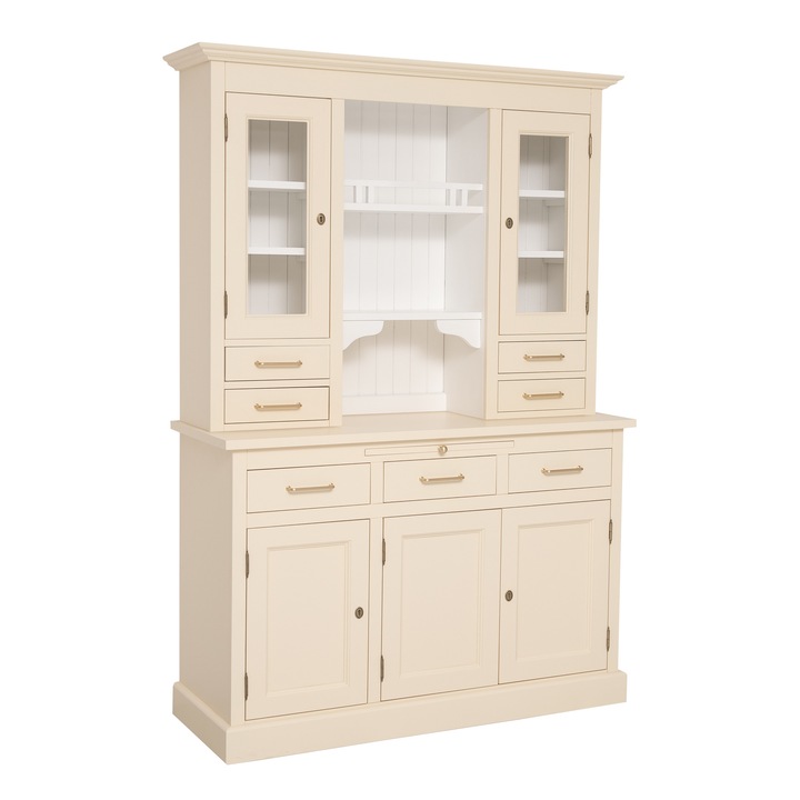 Bufet cu 3 usi, 3 sertare BAS, 2 usi sticla, 4 sertare, spatiu deschis SUP, bej deschis-alb, 100% lemn masiv, 138x197x50 cm