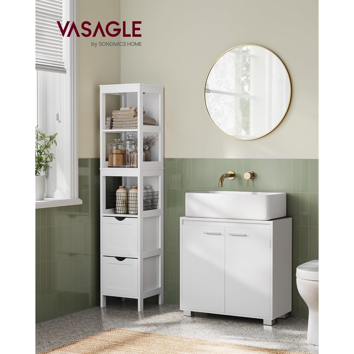 VASAGLE Masca chiuveta baie, lavoar cu 2 usi si raft interior reglabil, MDF si PAL, 60x30x60 cm, alb