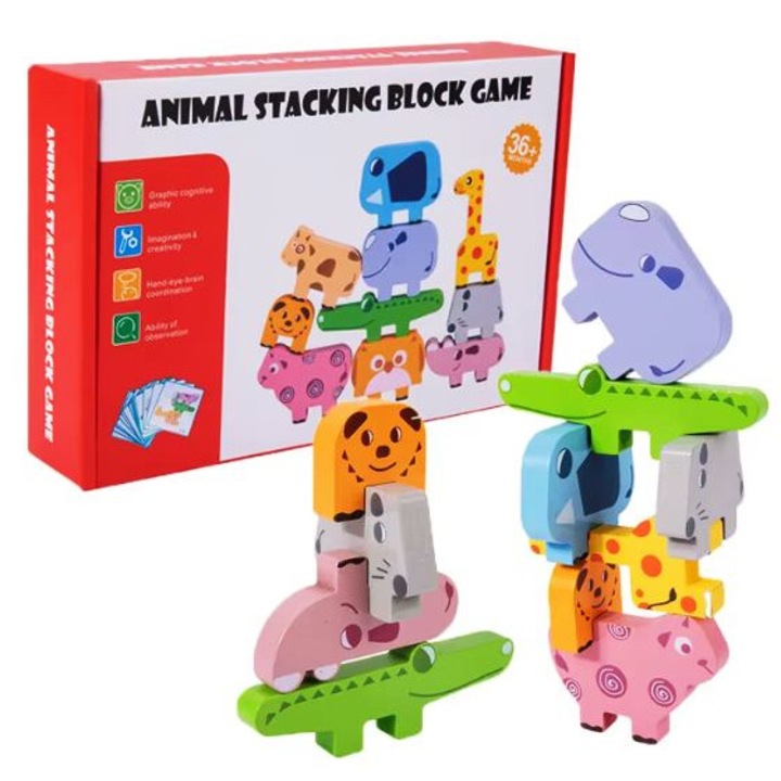 Joc educativ Jenga, Ileana Prodexim, set cu 10 piese din lemn colorat în formă de animale, 3 ani