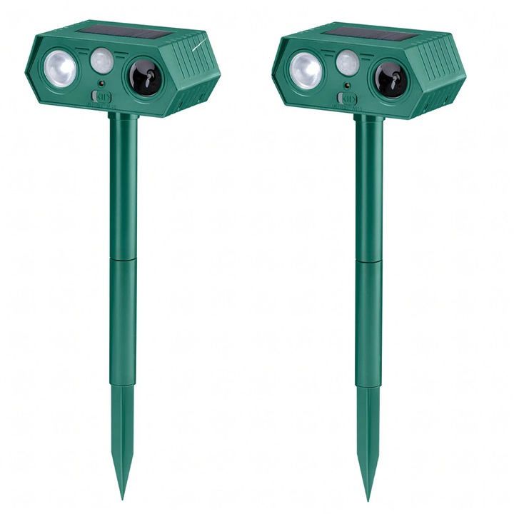 Set 2x Dispozitiv ultrasunete Optim Solution, Senzor miscare PIR, Alimentare solară, Verde, 9.3x15x44.5 cm