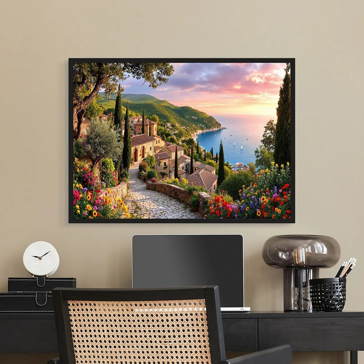 Tablou Inramat - Riviera Mediteraneana - 60 x 80 cm, tablou peisaj premium, decor pentru living, dormitor, birou sau hol, cadou inspirat, tablou modern, rama lemn, Vizio Tablouri Canvas®