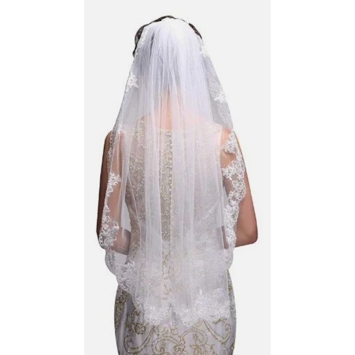 Voal mireasa, 90 cm, cu dantela, culoare alb