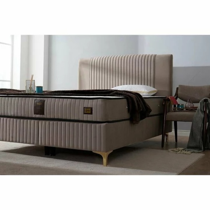 Pat + Saltea gratis Bari, lada depozitare, tesatura premium, 140x200 cm, crem