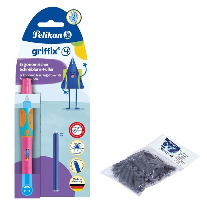 Set stilou Pelikan Griffix, pentru dreptaci, culoare roz, blister, cu 20 rezerve cerneala Pelikan
