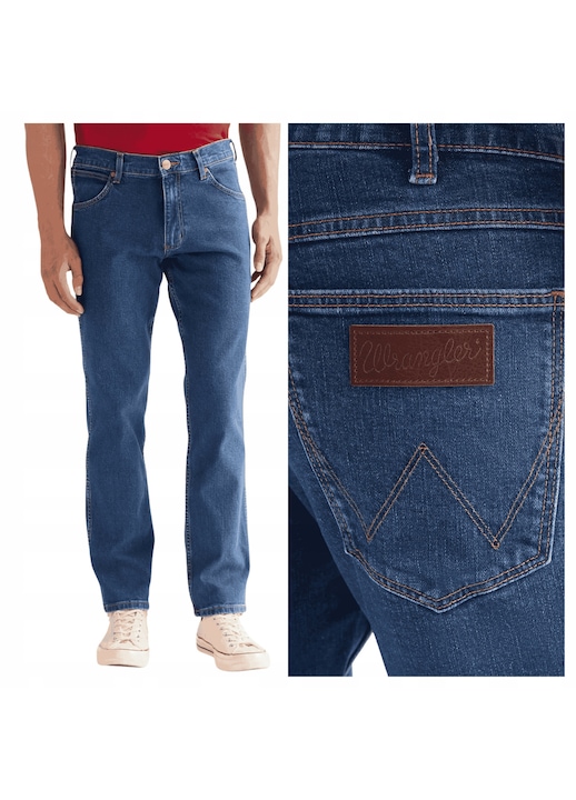 Férfi Blugi, Wrangler, Greensboro, Egyenes Szár, Alacsony Derék, 5 Zseb, Cipzár, Hosszú, Pamut, Kék, Kék