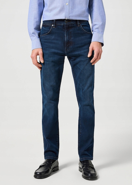 Blugi Barbati, Wrangler, Larston, Slim Fit, Talie Joasa, 5 Buzunare, Fermoar, Lungi, Bumbac, W29-L30 US, Albastru