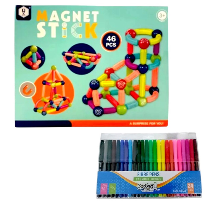 Магнитен комплект Hooppie, 46 части, ABS, заоблени ръбове, с несесер 24 многоцветни флумастера, 14 см, 3 години+