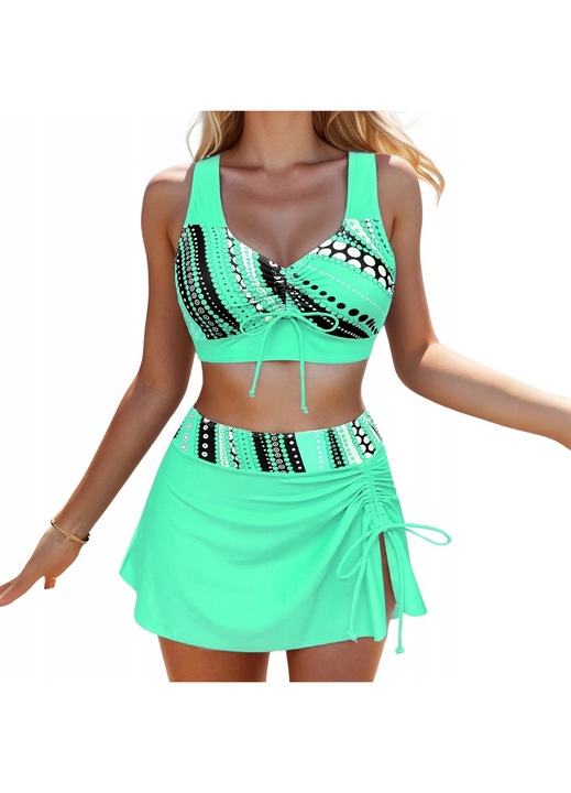 Дамски Бански от 3 Части, SNM, Бикини С Регулируема Пола И Класически Фиги, Горнище С Широки Регулируеми Кръстосани Презрамки,, Зелен