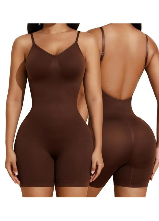 Lenjerie modelatoare tip body elastic, Efect de lifting al bustului si feselor, Fara cusaturi cu bretele ajustabile, Negru, Maro