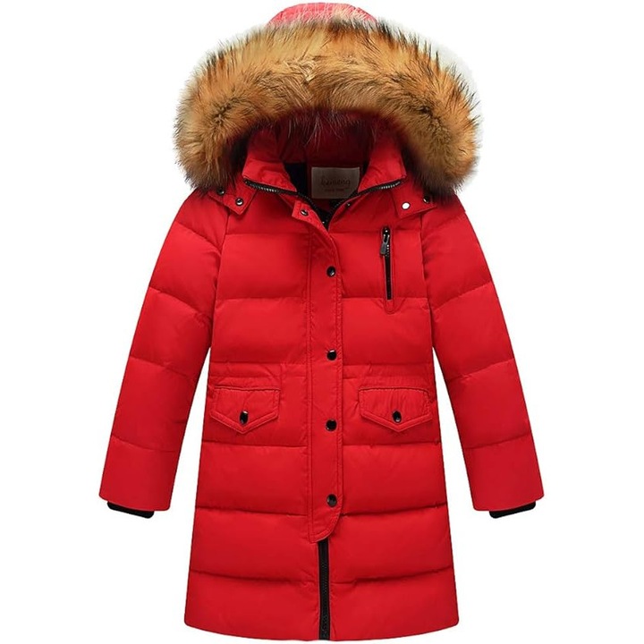 Geaca de Iarna pentru Fete, Umplutura Puf de Rata Alba, Calduroasa, Impermeabila, Cu Gluga si Blana Detasabila – Jacheta Lunga, Rosu