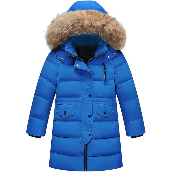 Geaca de Iarna pentru Fete, Umplutura Puf de Rata Alba, Calduroasa, Impermeabila, Cu Gluga si Blana Detasabila – Jacheta Lunga, Albastru