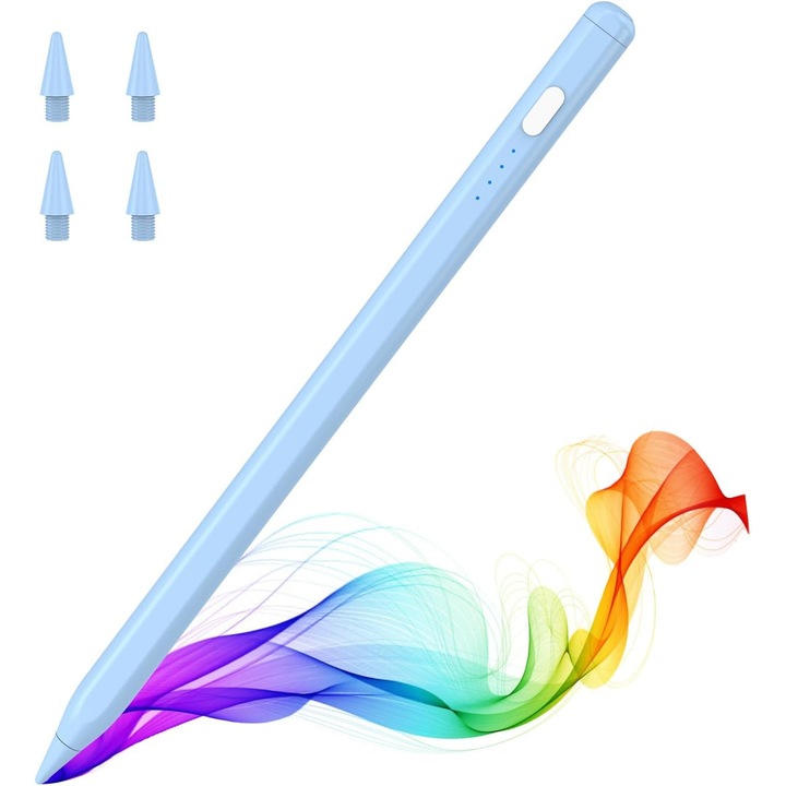 Stylus MoKo pentru iPad, Albastru, Incarcare USB-C, 4 varfuri de schimb