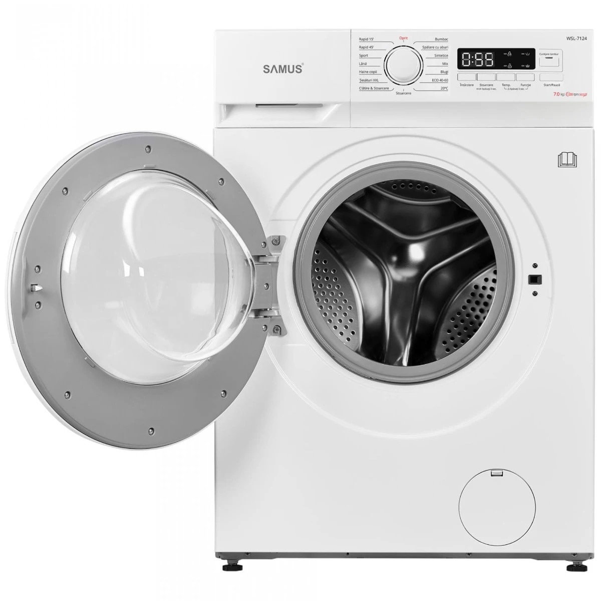 Masina de spalat rufe frontala slim Samus WSL-7124, 7 kg, 1200 rpm, clasa D, adancime 40 cm, afisaj electronic, termostat reglabil, auto-echilibrare tambur, curatare tambur, pornire intarziata, blocare acces copii, alb