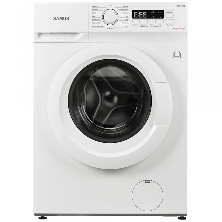 Masina de spalat rufe frontala slim Samus WSL-7124, 7 kg, 1200 rpm, clasa D, adancime 40 cm, afisaj electronic, termostat reglabil, auto-echilibrare tambur, curatare tambur, pornire intarziata, blocare acces copii, alb