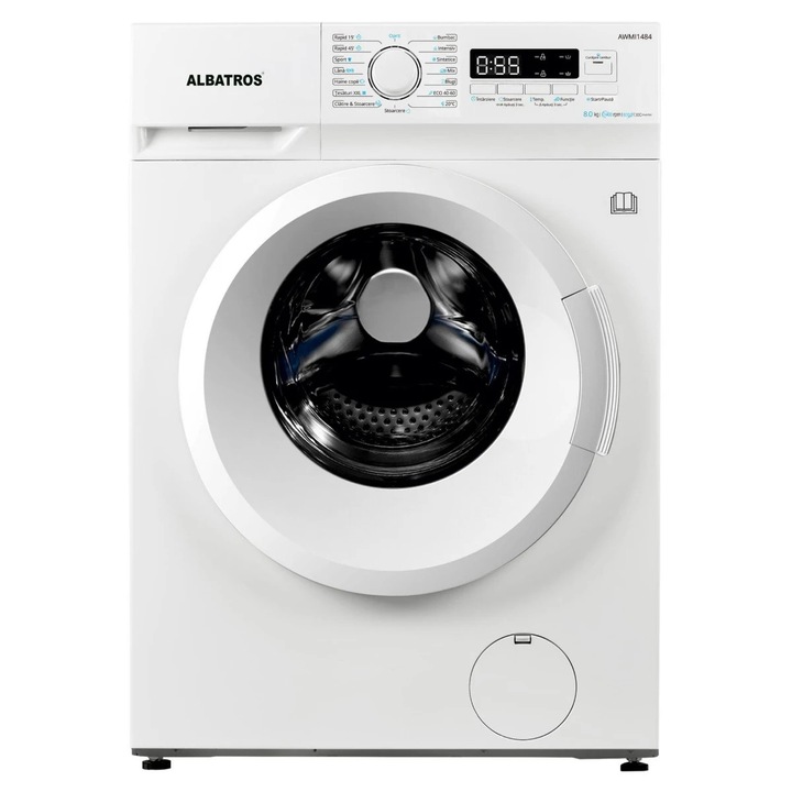 Masina de spalat rufe frontala slim Albatros AWMI1484, 8 kg, 1400 rpm, clasa A, adancime 48, motor inverter, program tesaturi XXL, pornire intarziata, control antispuma, afisaj electronic, blocare acces copii, alb