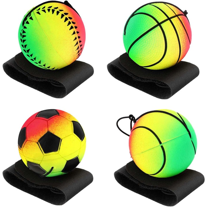 Set 4 Mingi de Rebound, AHQiZFX, cu Snur pentru Incheietura, Multicolor