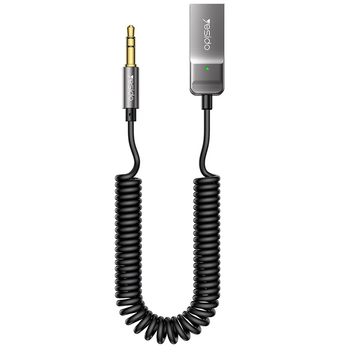 Adaptor audio auto Bluetooth, USB la jack 3.5mm AUX, hands-free, cablu spiralat 1.4m, Yesido, negru