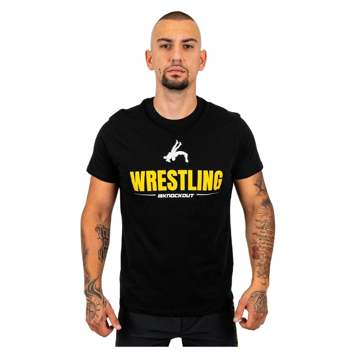 Tricou sport barbati Knockout, pentru WRESTLING, bumbac, croiala atletica, negru, S