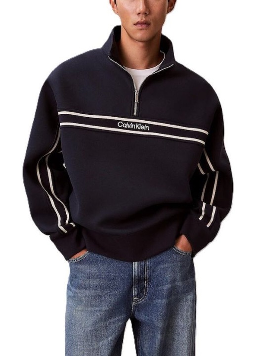 Мъжка блуза с цип Calvin Klein LS COTTON SPACER STRIPE RIB QTR, полиестер, синя, Син
