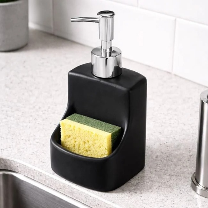 Dispenser detergent vase AVA, ceramica, Negru, cu suport burete, 350 ml