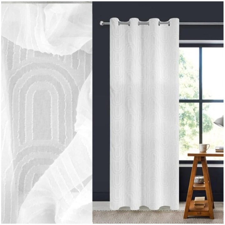 Perdea decorativa, cu model reliefat curcubeu, prindere pe inele, alb, 140x260cm