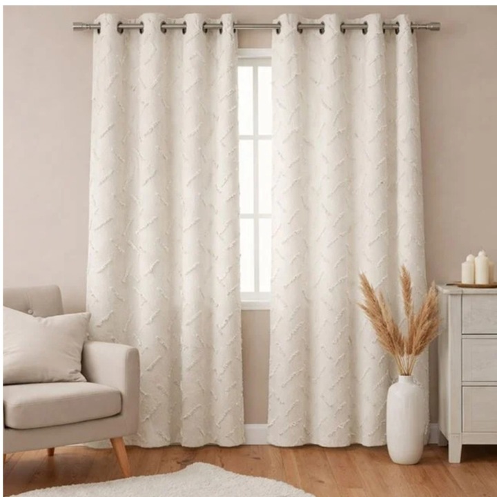 Perdea decorativa, cu model reliefat, prindere pe inele, bej, 140x260cm