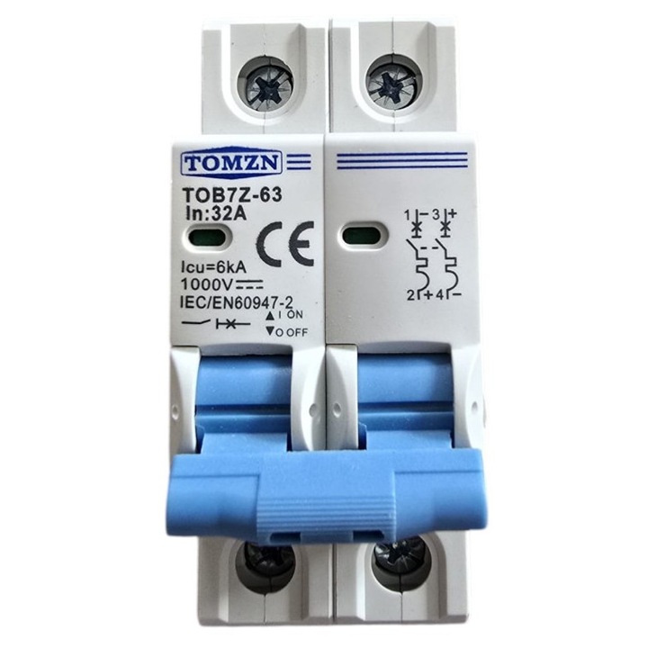 Siguranta automata de curent continuu 2P, 32A DC, 1000VDC, Intrerupator automat pentru panouri fotovoltaice, baterie sisteme fotovoltaice, instalare pe sina DIN, 2M